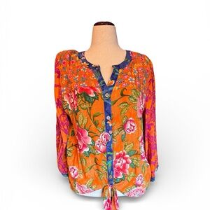 John Mark Vibrant Floral Blouse with Front Waist Tie, Sz XL, NWT